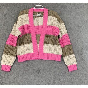 American Eagle XS Women Pink Colorblock Chunky Knit Cardigan Sweater Long Sleeve